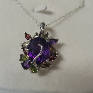 Sterling Silver Multicolor Gemstone Pendant Necklace - Purple Amethyst Center